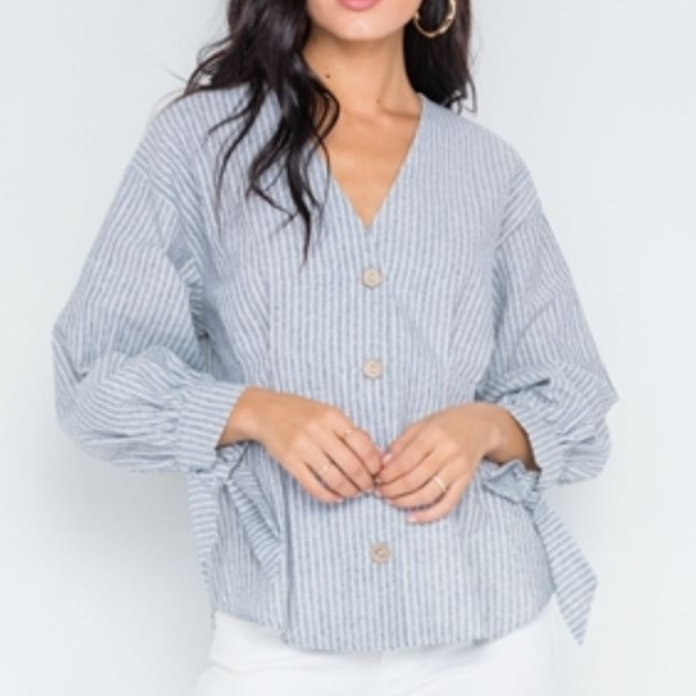 Grey Stripe Button Long Sleeve V-NeckTop